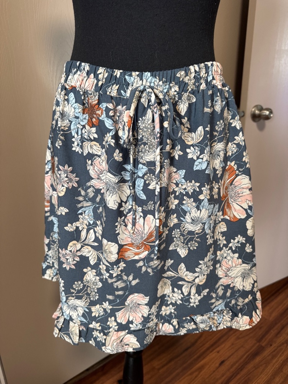 Sienna Sky Navy Floral Drawstring Ruffle Hem Mini Skirt